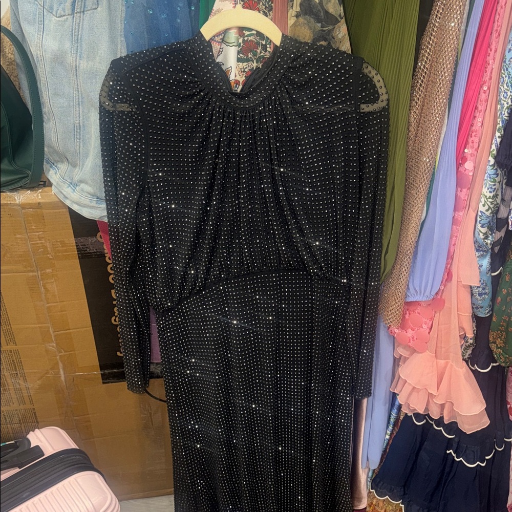 Self-Portrait Black Long Sleeve Rhinestone midi Dress - Picture 3 of 5